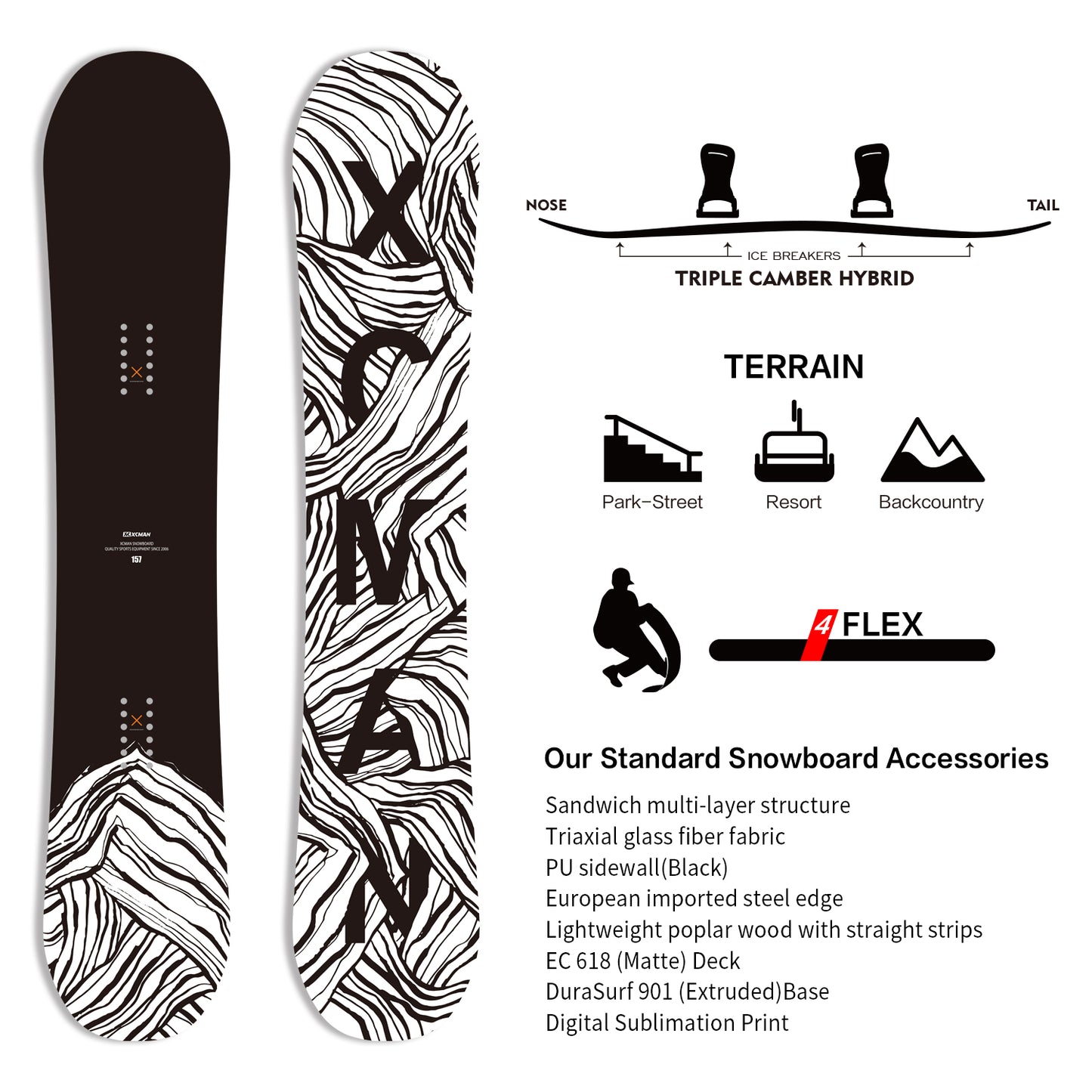 Snowboard ASPECT style Black and white line  with your logo CUSTOM SNOWBOARD OEM MANUFACTURER LOW MOQ