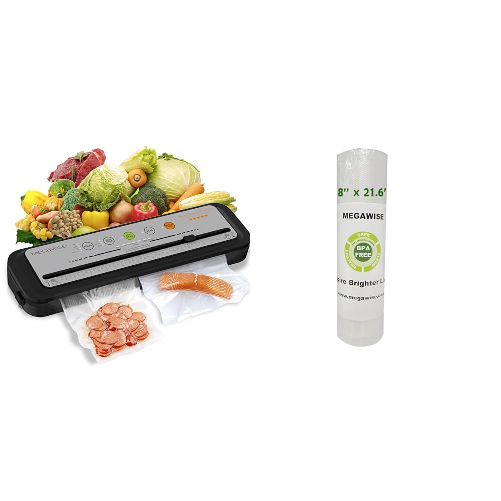 MEGAWISE 2025 Powerful Vacuum Sealer Machine | Compact Design | One-Touch Automatic | Seal in 10-20 Seconds | Dry, Moist, Wet, and Cold Modes | With 10 Vacuum Bags & Built-in Cutter (Grey)