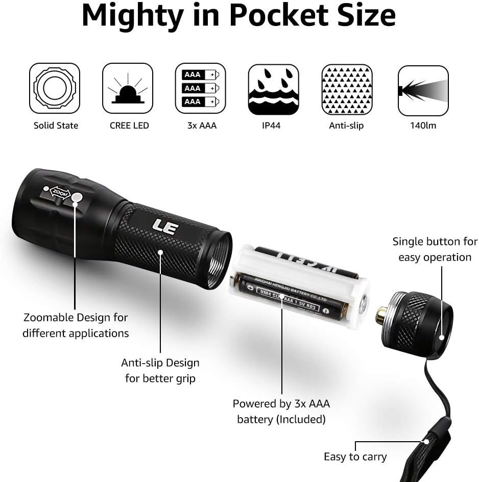 Lighting EVER LED Flashlights High Lumens, Small Flashlight, Zoomable, Waterproof, Adjustable Brightness Flash Light for Outdoor, Emergency, AAA Batteries Included, Tactical & Camping Accessories