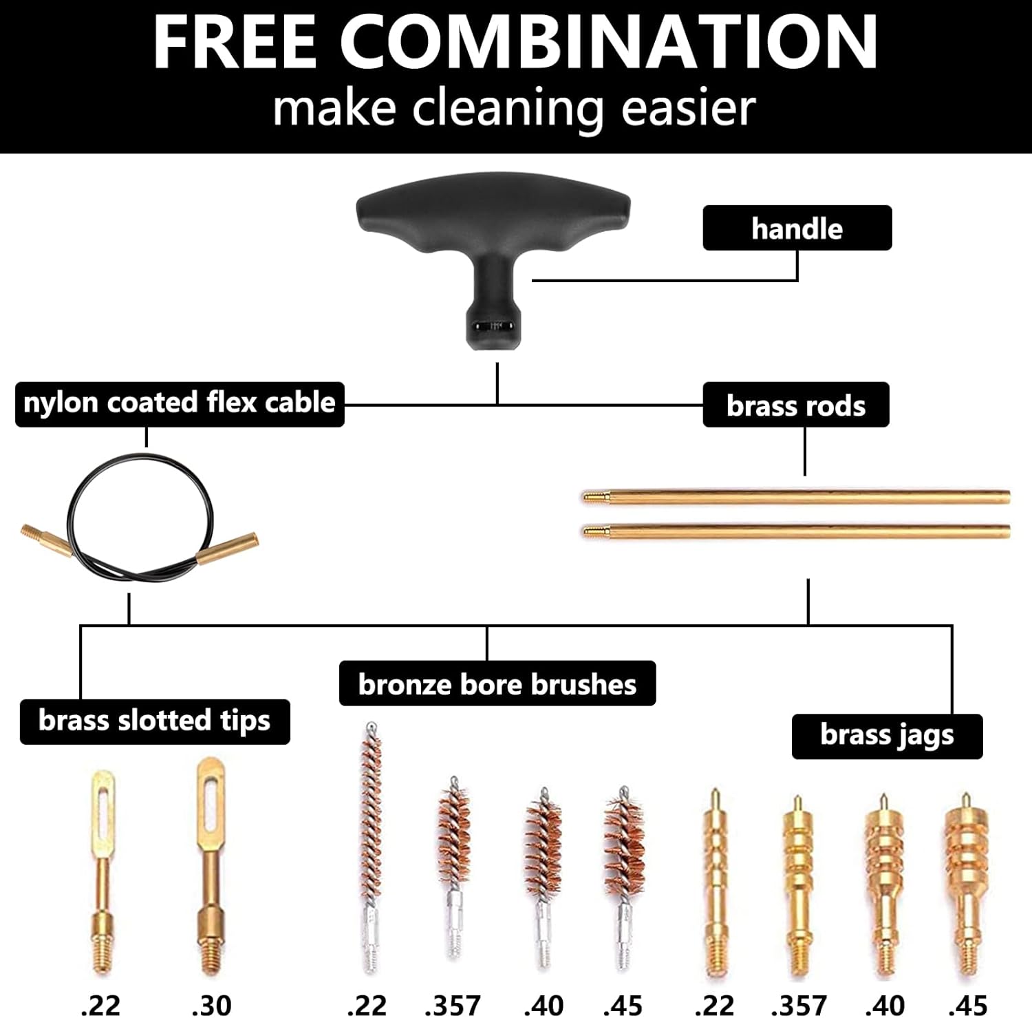 BOOSTEADY Universal Handgun Cleaning kit .22,.357,.38,9mm,.45 Caliber Pistol Cleaning Kit Bronze Bore Brush and Brass Jag Adapter