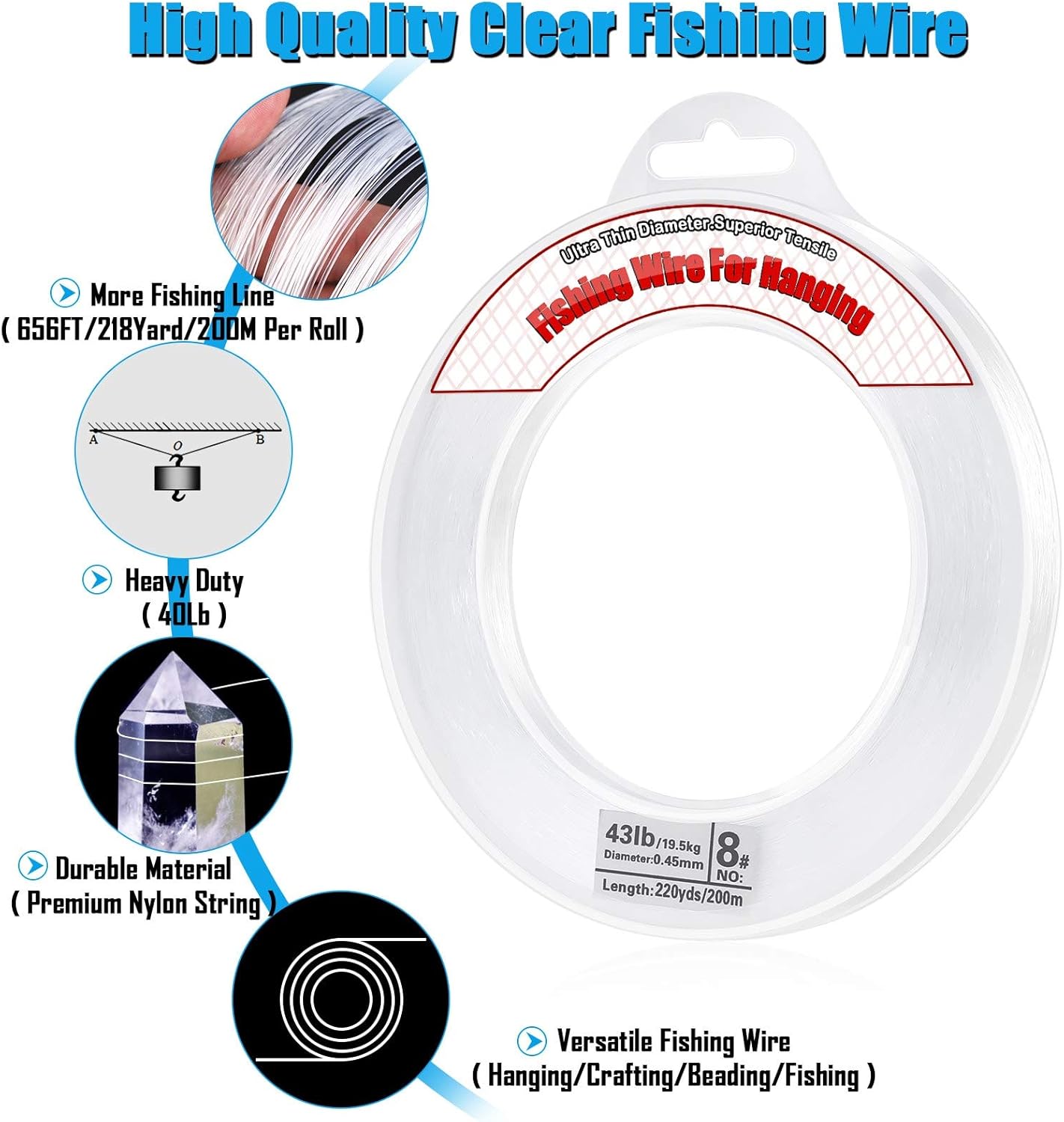 Clear Fishing Wire, Acejoz 656FT Fishing Line Clear Invisible Hanging Wire Strong Nylon String Supports 40 Pounds for Balloon Garland Hanging Decorations