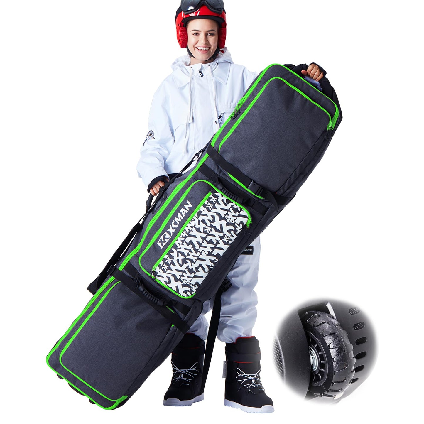 XCMAN Roller Snowboard Bag with Wheels,Adjustable Length,Extra Long/Wide/Deep,Waterproof - with Protection Ribs 140L