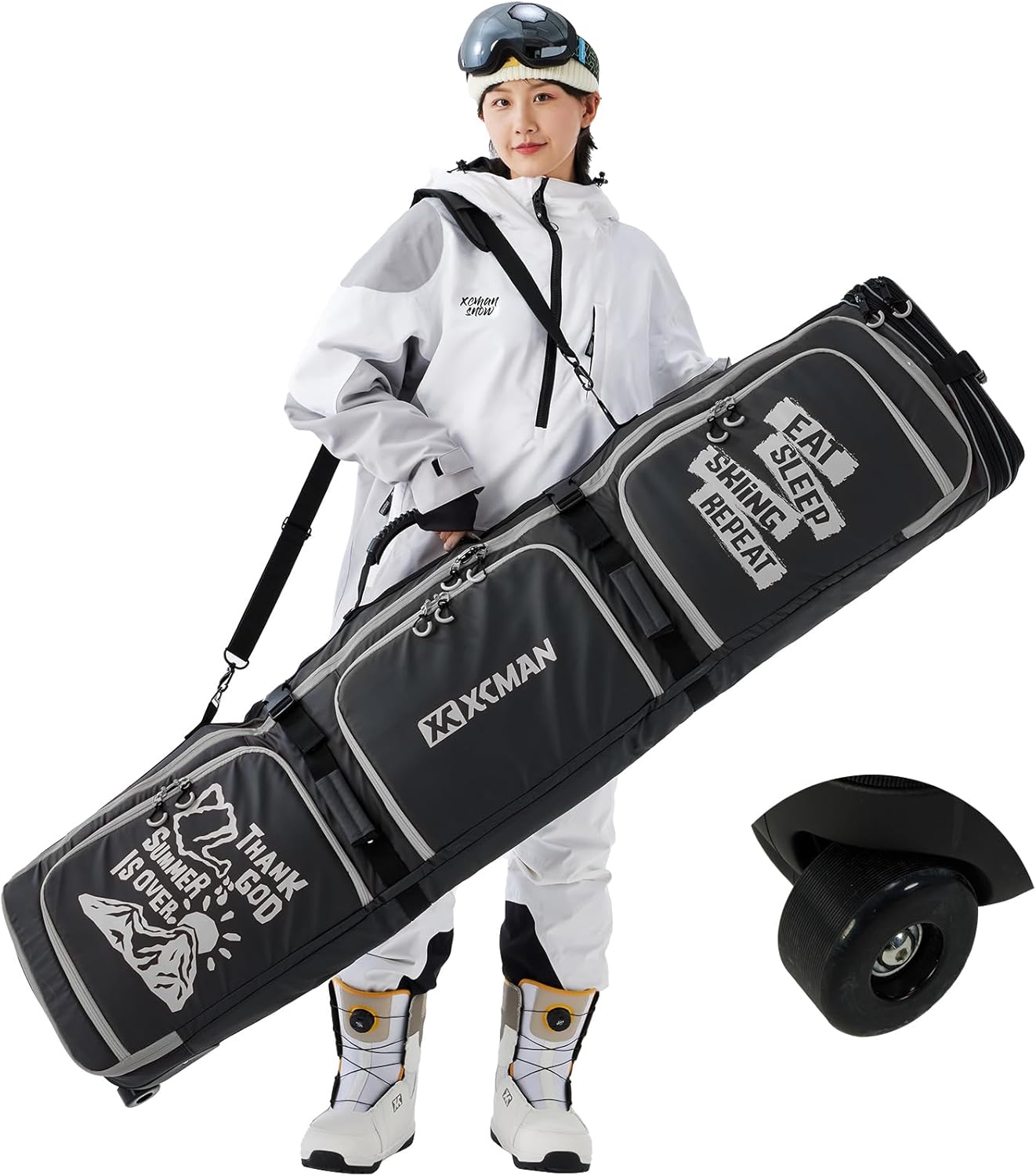 XCMAN Roller Snowboard Bag With Wheels 63-75Inch Adjustable Length Padded Bag for Air Travel Snowboard Boots