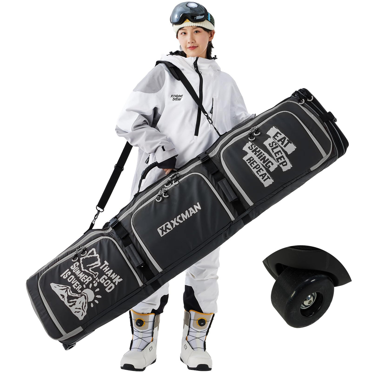 XCMAN Roller Snowboard Bag With Wheels 63-75Inch Adjustable Length Padded Bag for Air Travel Snowboard Boots