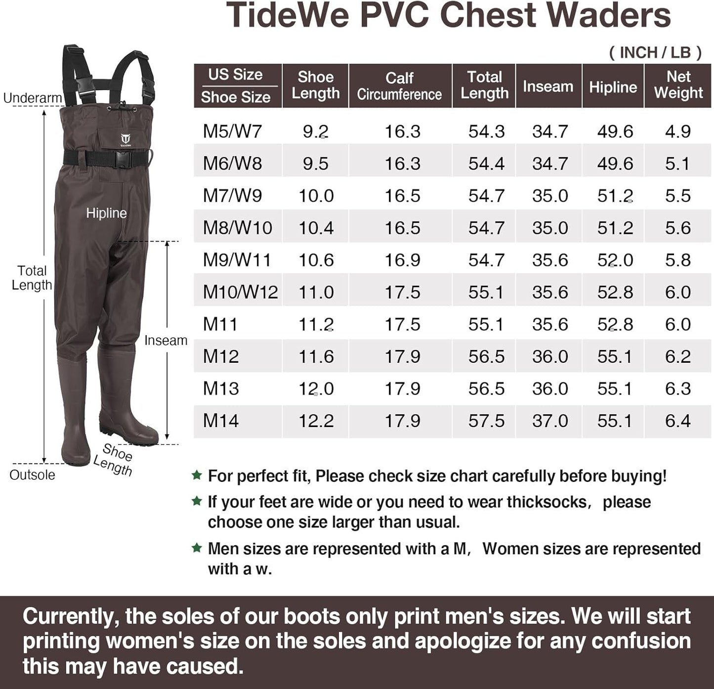 TIDEWE Bootfoot Chest Wader, 2-Ply Nylon/PVC Waterproof Fishing Hunting Waders with Boot Hanger for Men Women Green Brown