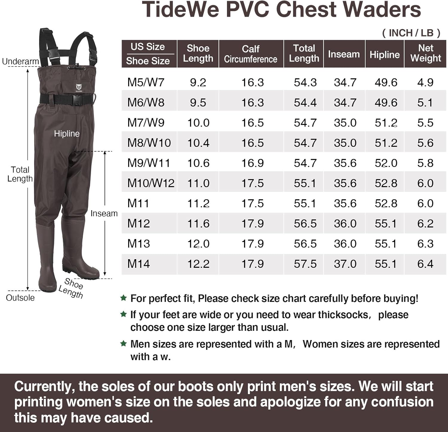 TIDEWE Bootfoot Chest Wader, 2-Ply Nylon/PVC Waterproof Fishing Hunting Waders with Boot Hanger for Men Women Green Brown
