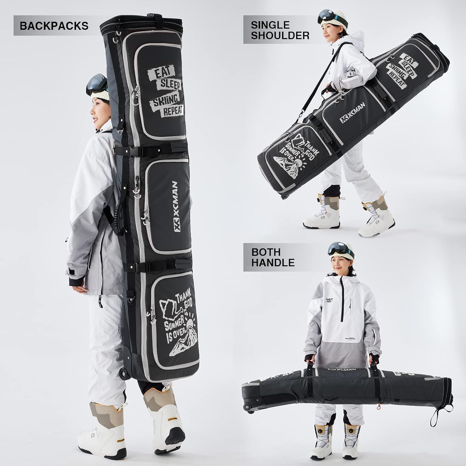 XCMAN Roller Snowboard Bag With Wheels 63-75Inch Adjustable Length Padded Bag for Air Travel Snowboard Boots
