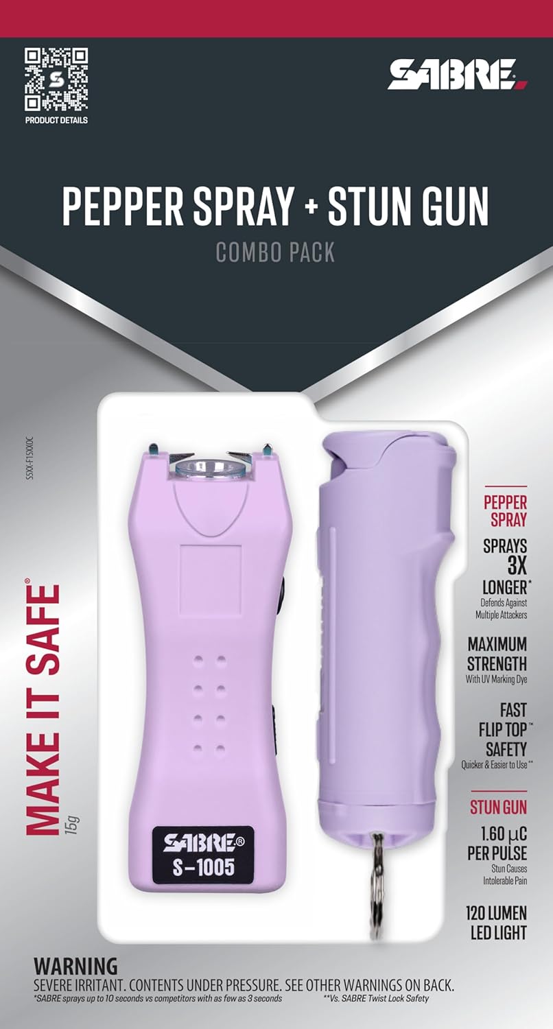 SABRE Pepper Spray & 2-in-1 Stun Gun with Flashlight, Self Defense Kit, Fast Flip Top Safety, Finger Grip for Better & Faster Aim, Painful 1.60 µC Charge, 120 Lumen LED Light, Rechargeable, 0.54 fl oz