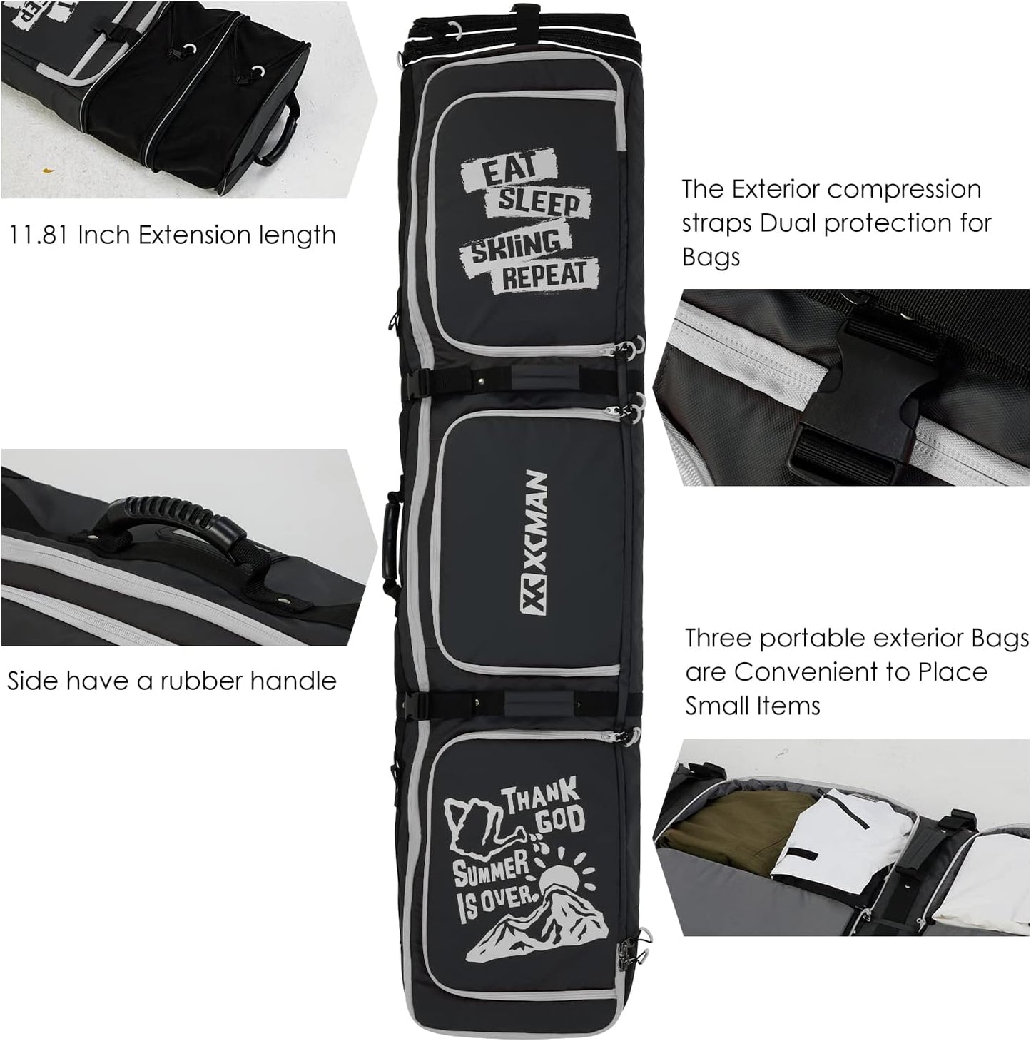 XCMAN Roller Snowboard Bag With Wheels 63-75Inch Adjustable Length Padded Bag for Air Travel Snowboard Boots