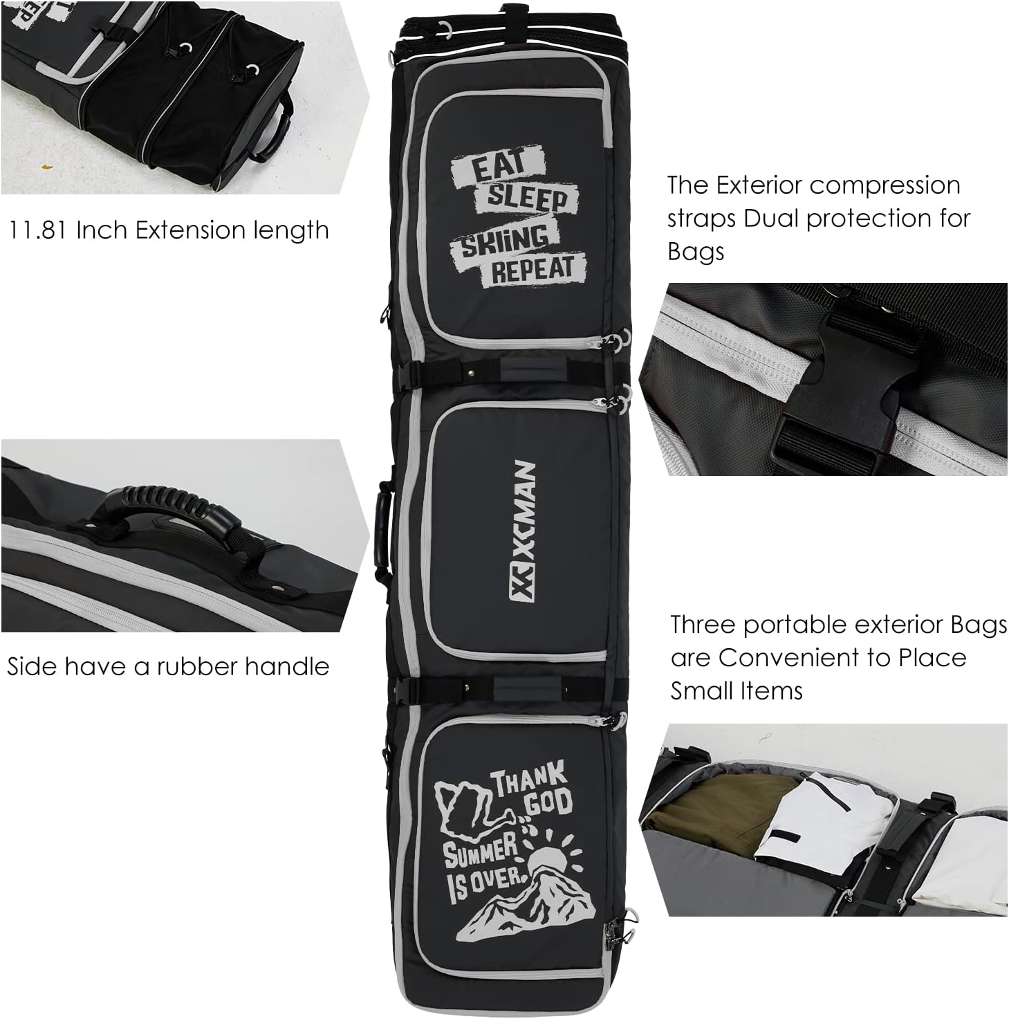 XCMAN Roller Snowboard Bag With Wheels 63-75Inch Adjustable Length Padded Bag for Air Travel Snowboard Boots