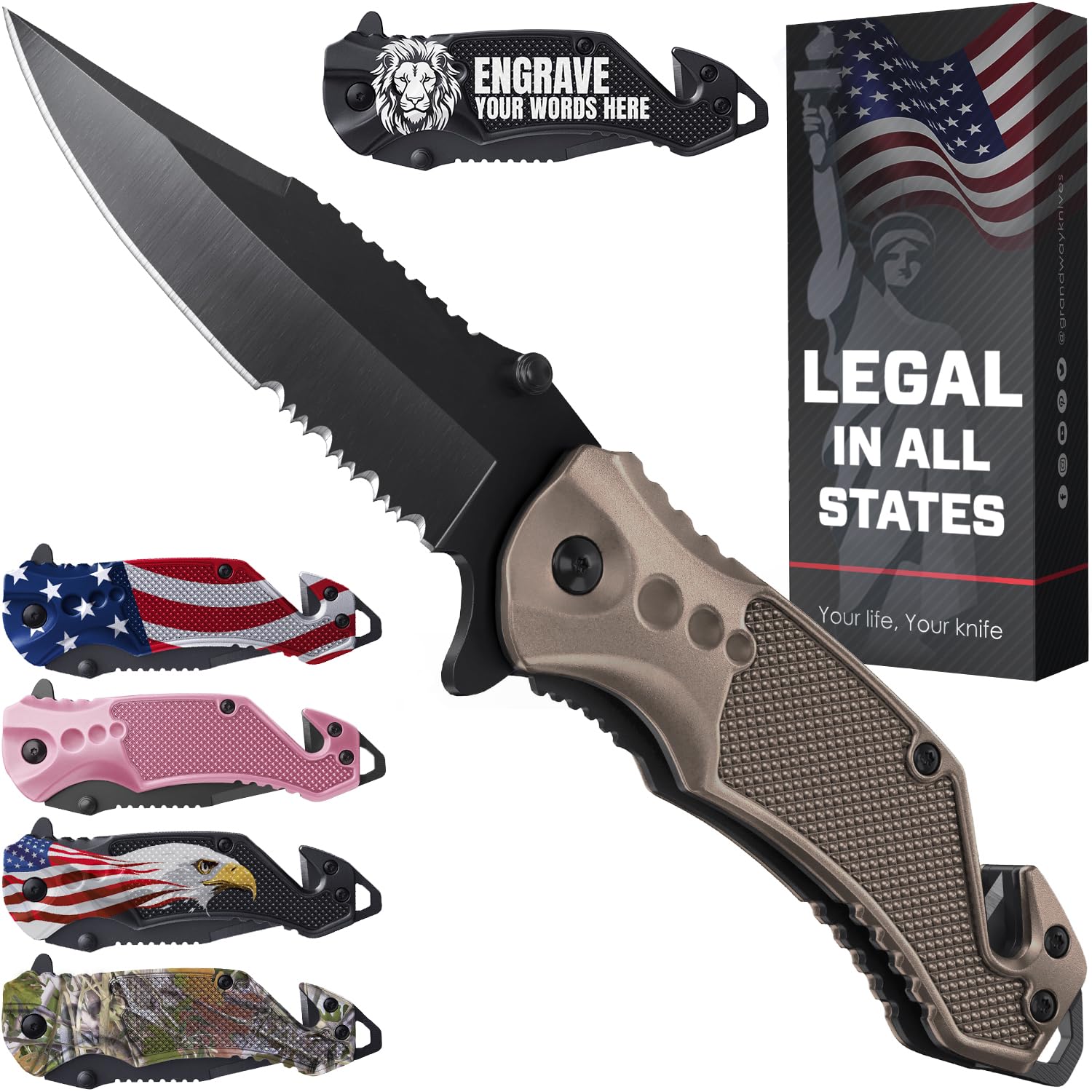 Legal Pocket Knife with 2.95” Serrated Blade, Glass Breaker, Seat Belt Cutter - EDC Sharp Folding Knives with Portable Clip - Small Tool for Tactical Camping Survival Hiking - Gifts for Men 6680