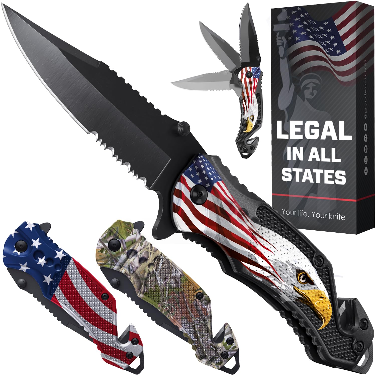 Legal Pocket Knife with 2.95” Serrated Blade, Glass Breaker, Seat Belt Cutter - EDC Sharp Folding Knives with Portable Clip - Small Tool for Tactical Camping Survival Hiking - Gifts for Men 6680