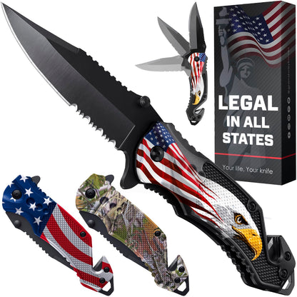 Legal Pocket Knife with 2.95” Serrated Blade, Glass Breaker, Seat Belt Cutter - EDC Sharp Folding Knives with Portable Clip - Small Tool for Tactical Camping Survival Hiking - Gifts for Men 6680