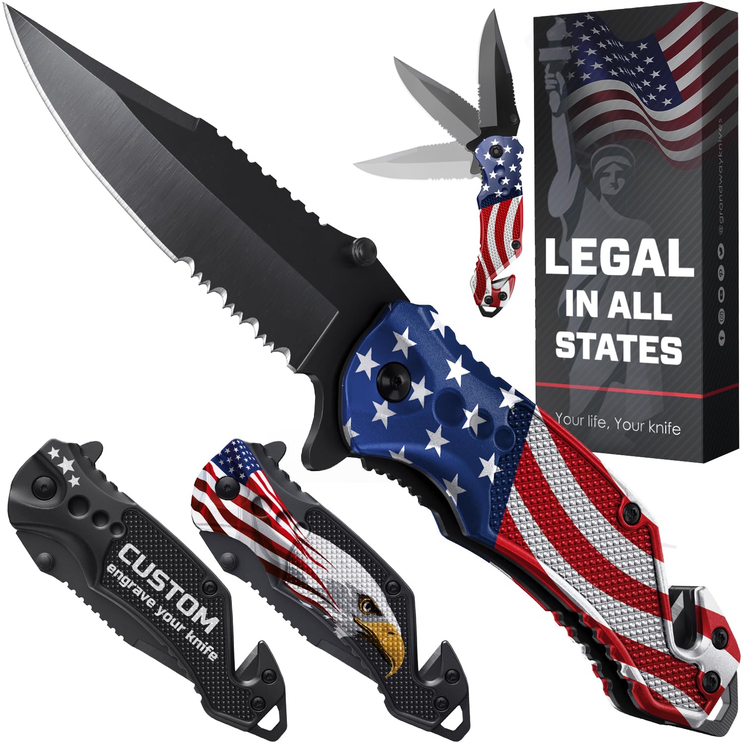 Legal Pocket Knife with 2.95” Serrated Blade, Glass Breaker, Seat Belt Cutter - EDC Sharp Folding Knives with Portable Clip - Small Tool for Tactical Camping Survival Hiking - Gifts for Men 6680