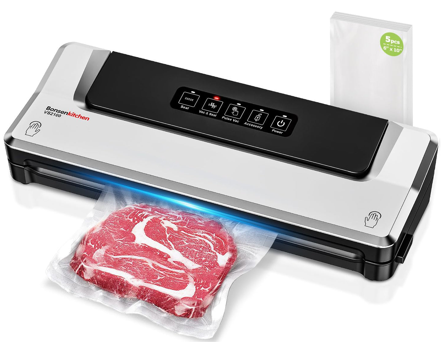 [Updated 2025] Bonsenkitchen Vacuum Sealer Machine + 40 Vacuum Bags, Fast-Compact/Multi-Functional Food Vacuum Sealer with External Vacuum System, Silver