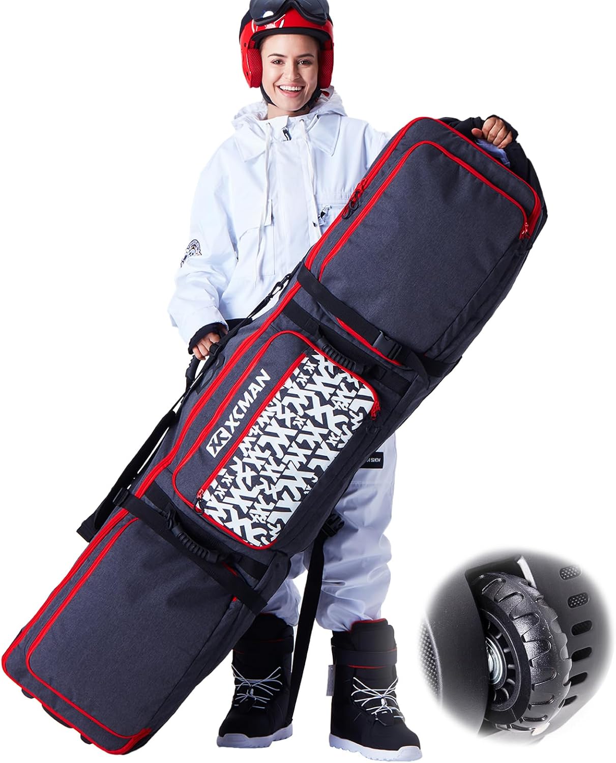 XCMAN Roller Snowboard Bag with Wheels,Adjustable Length,Extra Long/Wide/Deep,Waterproof - with Protection Ribs 140L