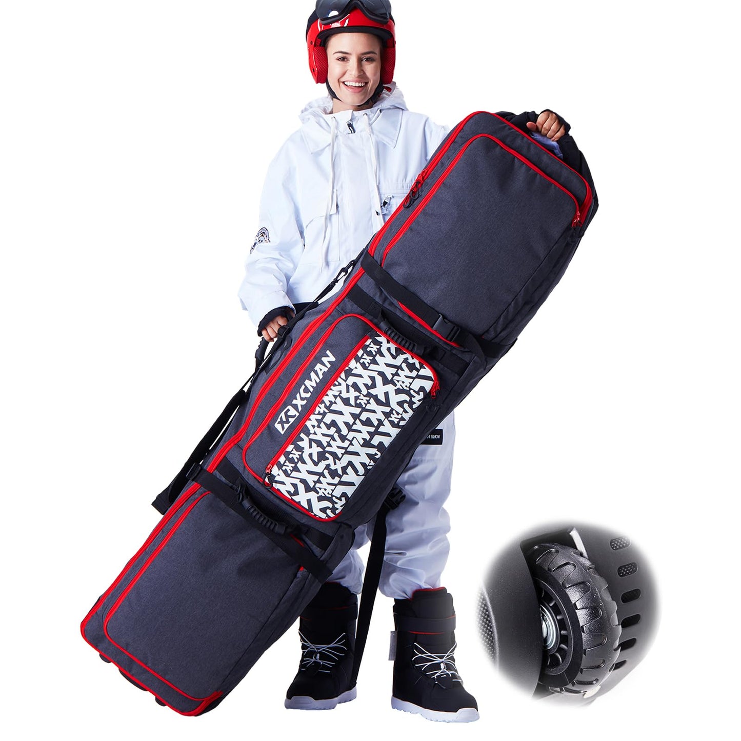 XCMAN Roller Snowboard Bag with Wheels,Adjustable Length,Extra Long/Wide/Deep,Waterproof - with Protection Ribs 140L