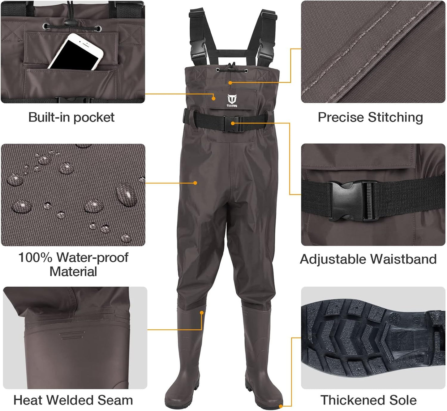 TIDEWE Bootfoot Chest Wader, 2-Ply Nylon/PVC Waterproof Fishing Hunting Waders with Boot Hanger for Men Women Green Brown