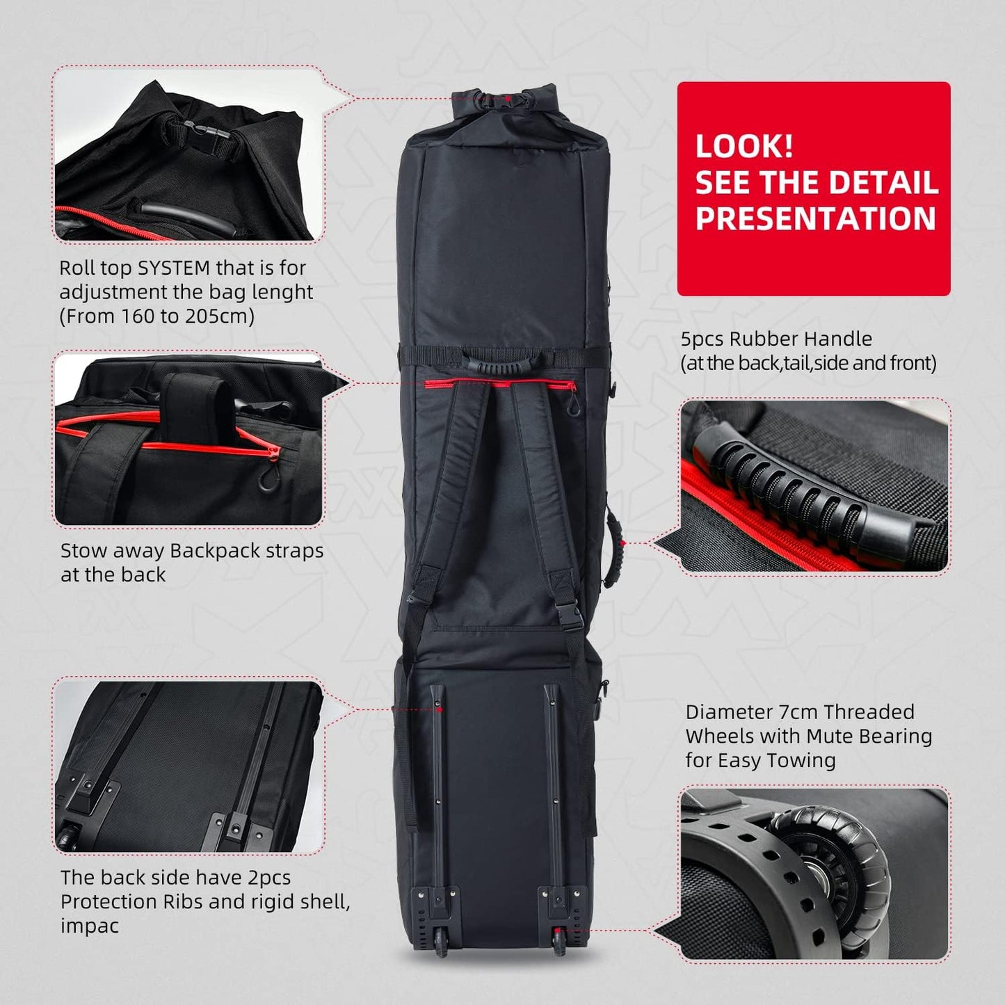 XCMAN Roller Snowboard Bag with Wheels,Adjustable Length,Extra Long/Wide/Deep,Waterproof - with Protection Ribs 140L