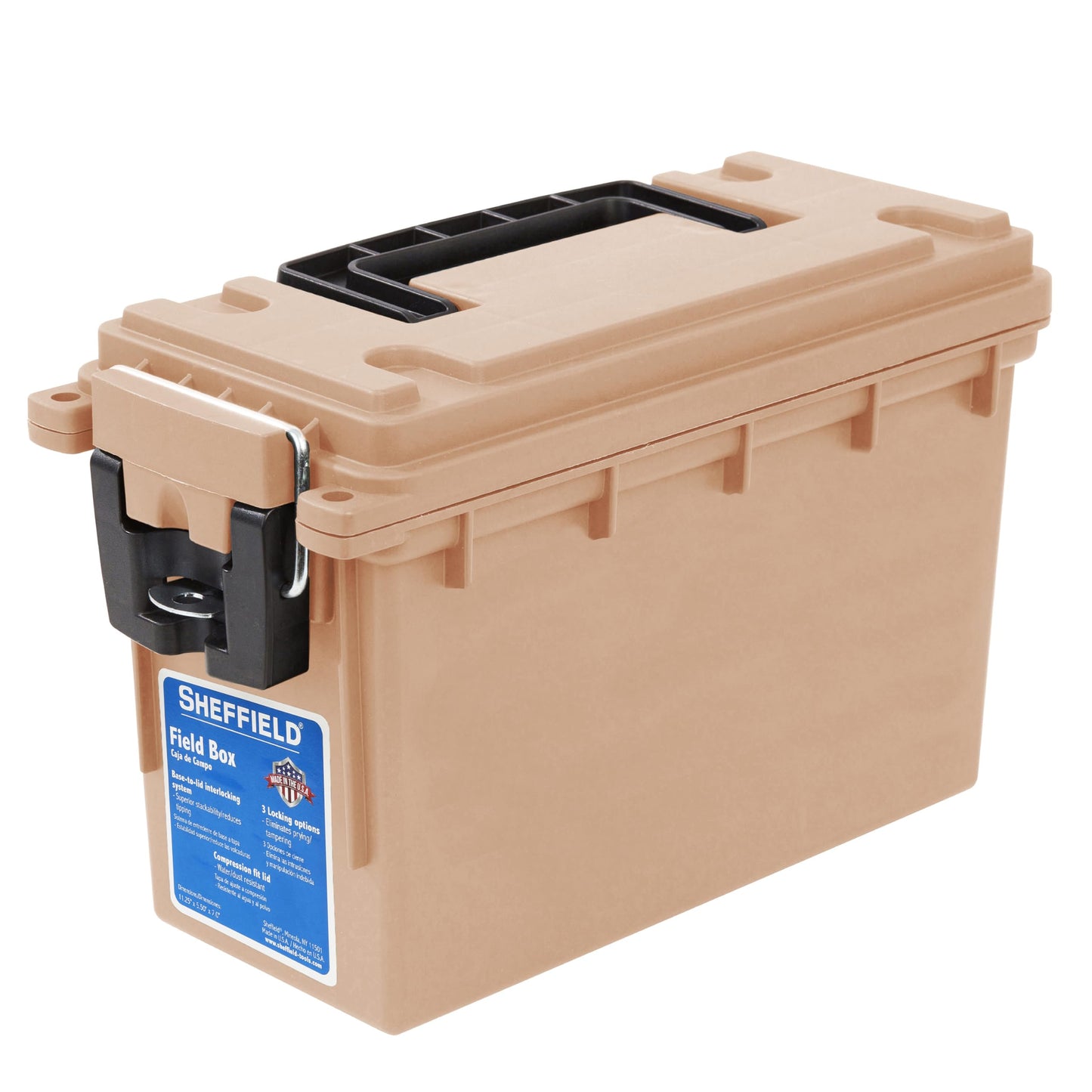 Sheffield 12629 Ammo Storage Box, Stackable .30 Cal Field Boxes, Water and Dust Resistant, Lockable Storage Box with Handle, Secures Hunting Gear, Supplies, and Bullets, Made in USA, Black, 1-Pack