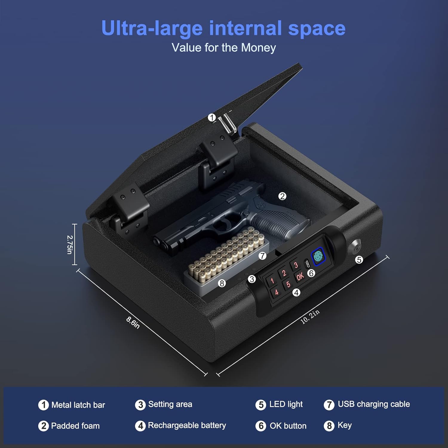 Gun Safe,Biometric Gun Safe for Pistols 3-Ways unlock Fingerprint Digital PIN Key Unlock with Voice, Lock box for Cloakroom living room Bedroom Nightstand and Car BILLCONCH