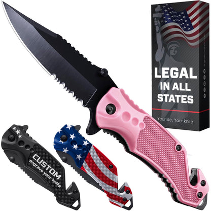 Legal Pocket Knife with 2.95” Serrated Blade, Glass Breaker, Seat Belt Cutter - EDC Sharp Folding Knives with Portable Clip - Small Tool for Tactical Camping Survival Hiking - Gifts for Men 6680
