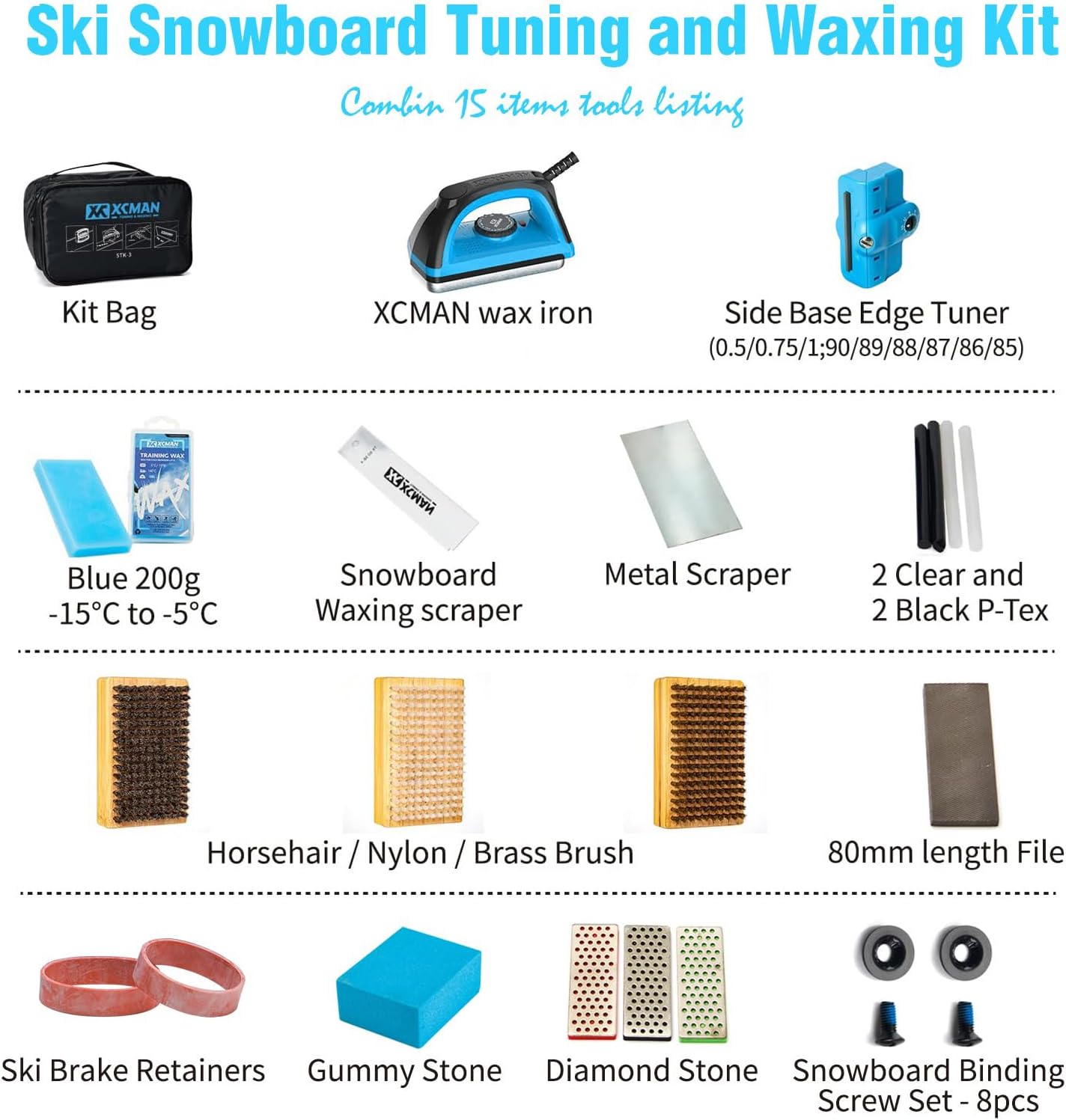 XCMAN Complete Ski Snowboard Tuning Waxing Combo Kit with Waxing Iron,Ski Wax,Side Base Edge Tuner,Ptex Base Repair,Gummy Stone,Diamond Stones for Ski Snowboard EdgeTuning
