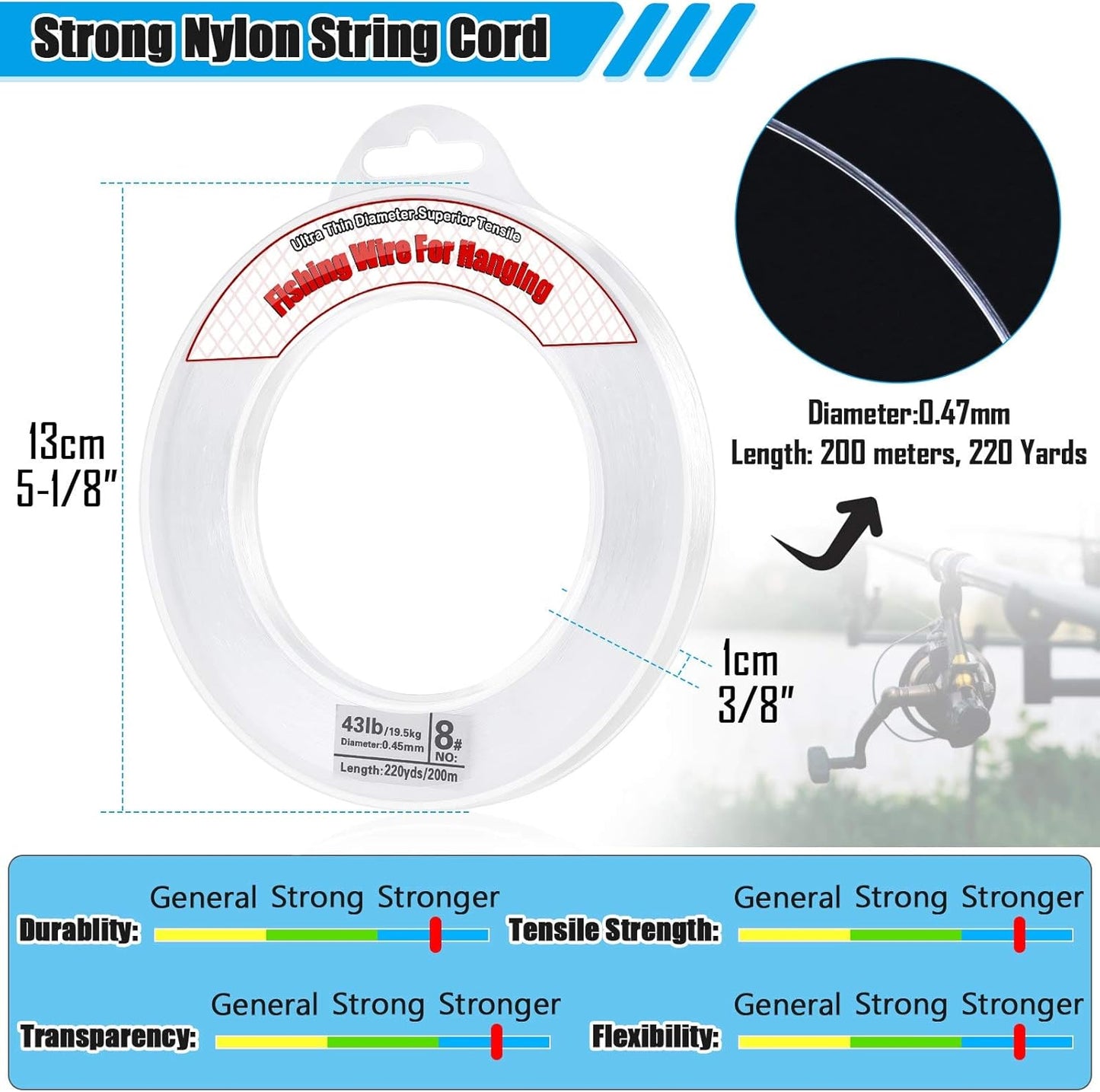 Clear Fishing Wire, Acejoz 656FT Fishing Line Clear Invisible Hanging Wire Strong Nylon String Supports 40 Pounds for Balloon Garland Hanging Decorations