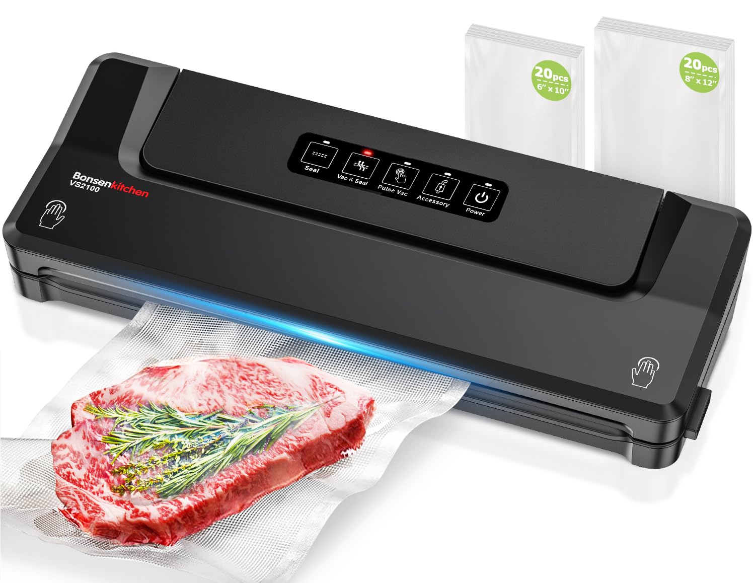 [Updated 2025] Bonsenkitchen Vacuum Sealer Machine + 40 Vacuum Bags, Fast-Compact/Multi-Functional Food Vacuum Sealer with External Vacuum System, Silver