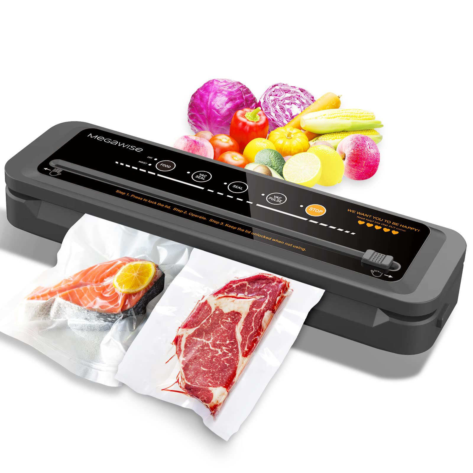 MEGAWISE 2025 Powerful Vacuum Sealer Machine | Compact Design | One-Touch Automatic | Seal in 10-20 Seconds | Dry, Moist, Wet, and Cold Modes | With 10 Vacuum Bags & Built-in Cutter (Grey)