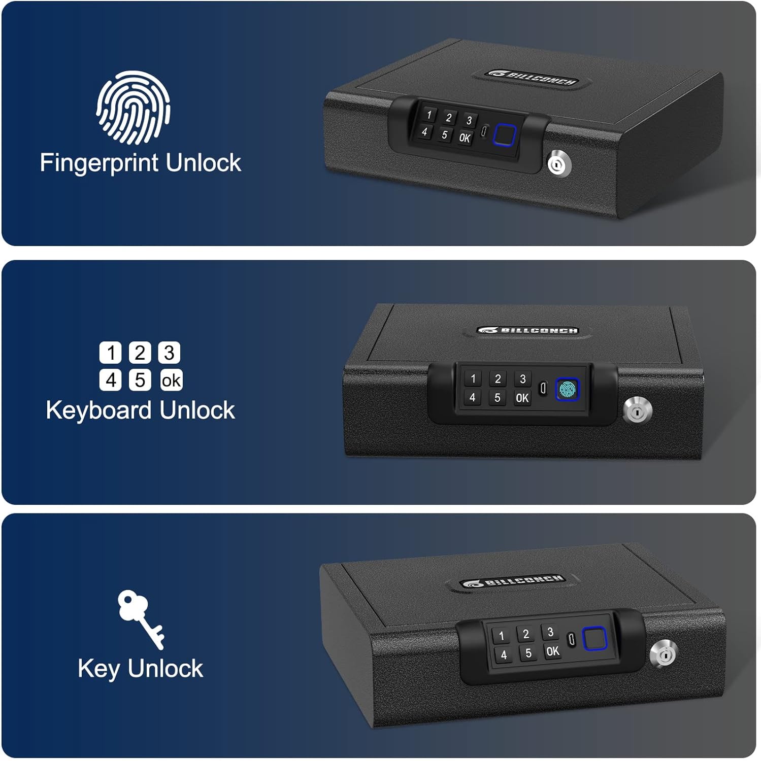 Gun Safe,Biometric Gun Safe for Pistols 3-Ways unlock Fingerprint Digital PIN Key Unlock with Voice, Lock box for Cloakroom living room Bedroom Nightstand and Car BILLCONCH