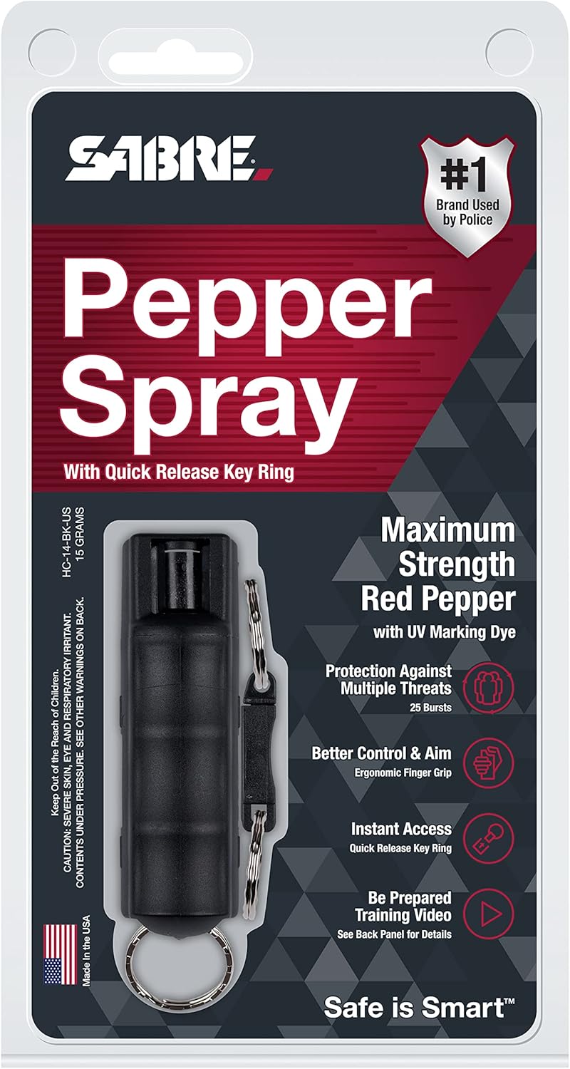 SABRE Pepper Spray, Quick Release Keychain for Easy Carry and Fast Access, Finger Grip for More Accurate and Faster Aim, Maximum Police Strength OC Spray, 0.54 fl oz, Secure and Easy to Use Safety