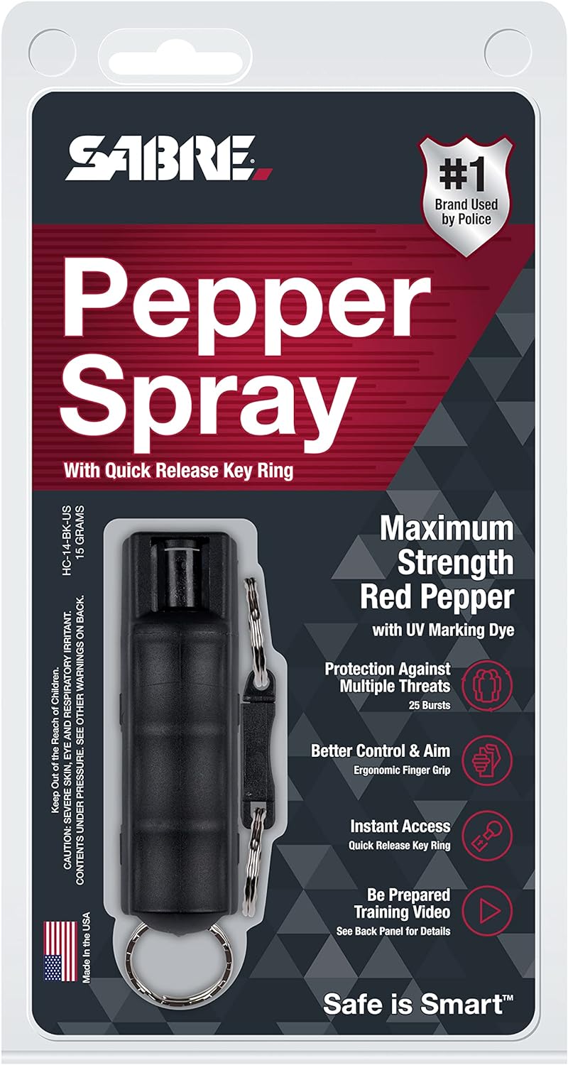 SABRE Pepper Spray, Maximum Police Strength OC Spray, Quick Release Keychain for Easy Carry and Fast Access, Finger Grip for More Accurate and Faster Aim, 0.54 fl oz, Secure and Easy to Use Safety