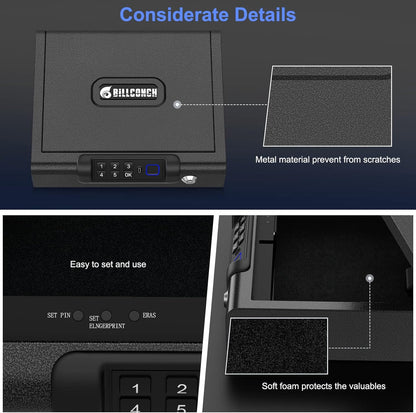 Gun Safe,Biometric Gun Safe for Pistols 3-Ways unlock Fingerprint Digital PIN Key Unlock with Voice, Lock box for Cloakroom living room Bedroom Nightstand and Car BILLCONCH