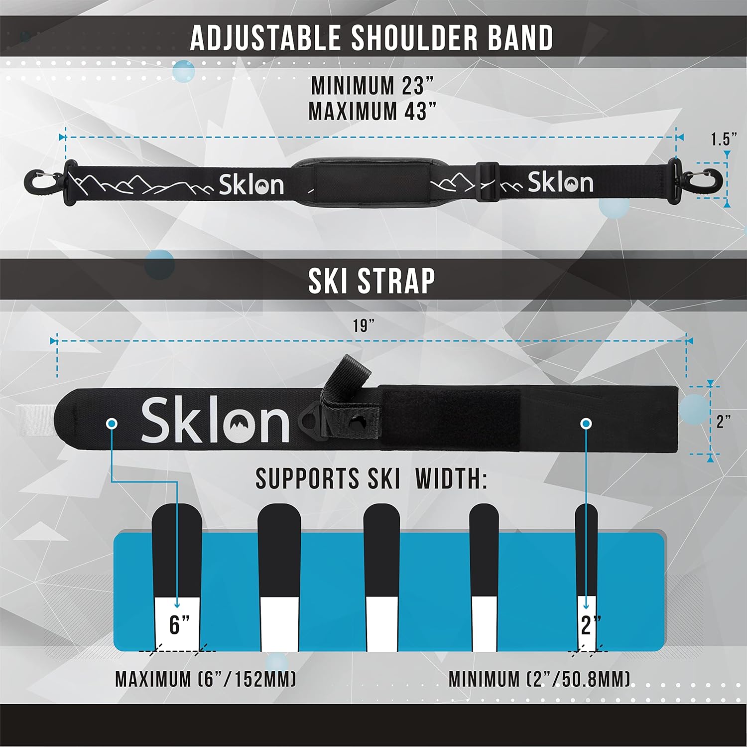 Sklon Ski Strap and Pole Carrier | Avoid the Struggle and Effortlessly Transport Your Ski Gear Everywhere You Go | Features Cushioned Shoulder Sling | Great for Families - Men, Women and Kids - Black
