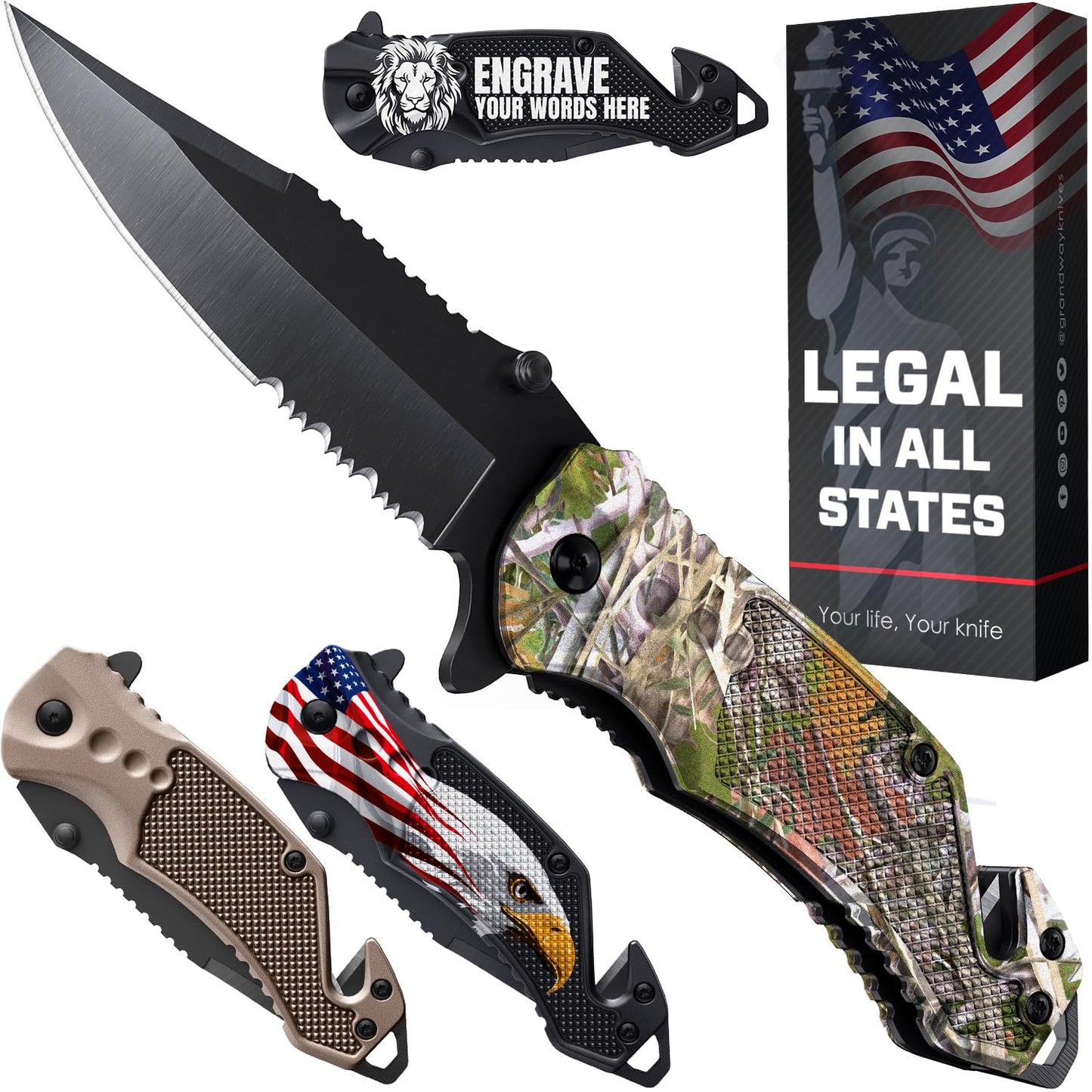 Legal Pocket Knife with 2.95” Serrated Blade, Glass Breaker, Seat Belt Cutter - EDC Sharp Folding Knives with Portable Clip - Small Tool for Tactical Camping Survival Hiking - Gifts for Men 6680