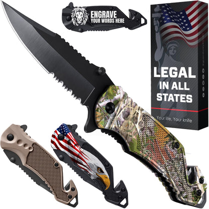 Legal Pocket Knife with 2.95” Serrated Blade, Glass Breaker, Seat Belt Cutter - EDC Sharp Folding Knives with Portable Clip - Small Tool for Tactical Camping Survival Hiking - Gifts for Men 6680