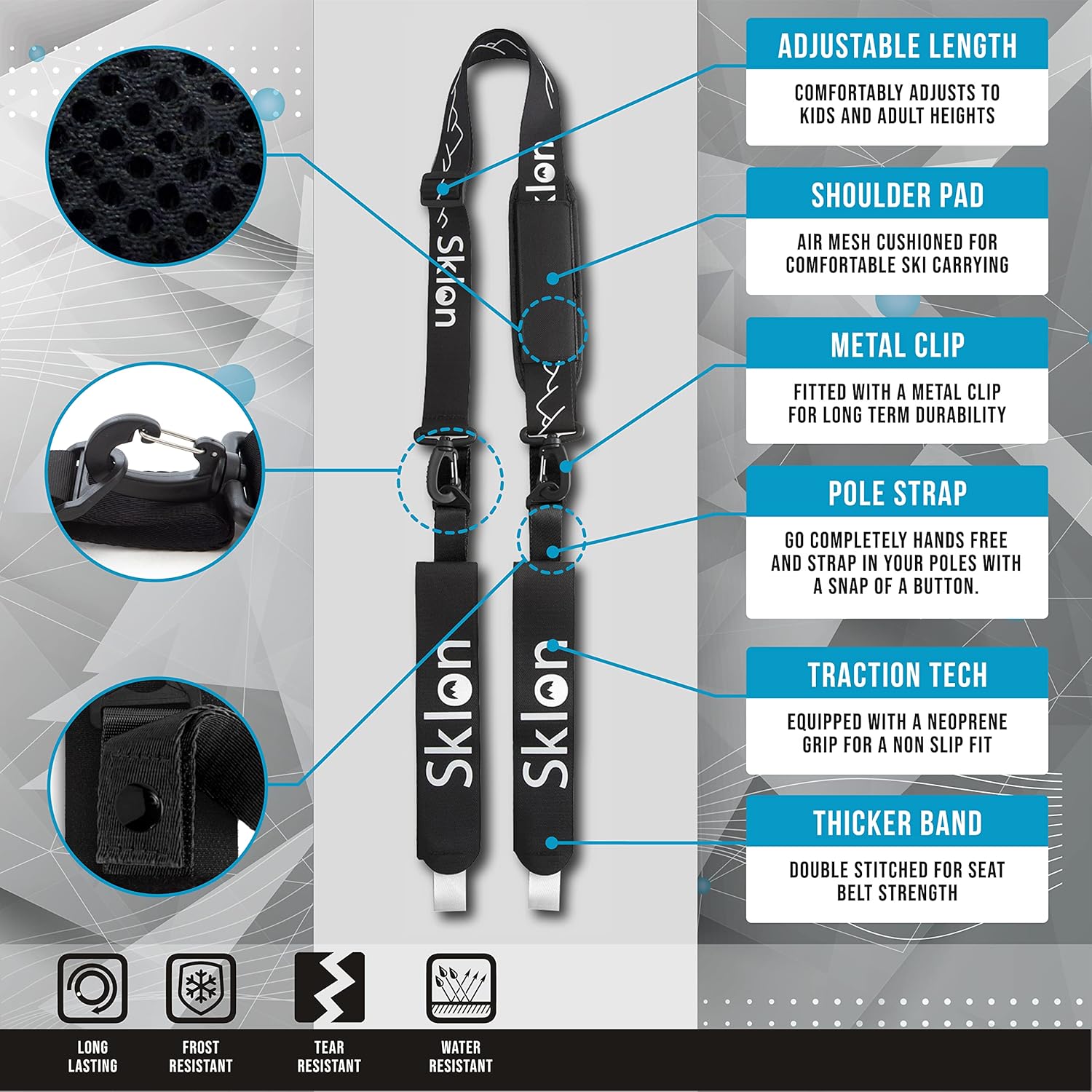 Sklon Ski Strap and Pole Carrier | Avoid the Struggle and Effortlessly Transport Your Ski Gear Everywhere You Go | Features Cushioned Shoulder Sling | Great for Families - Men, Women and Kids - Black