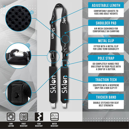 Sklon Ski Strap and Pole Carrier | Avoid the Struggle and Effortlessly Transport Your Ski Gear Everywhere You Go | Features Cushioned Shoulder Sling | Great for Families - Men, Women and Kids - Black