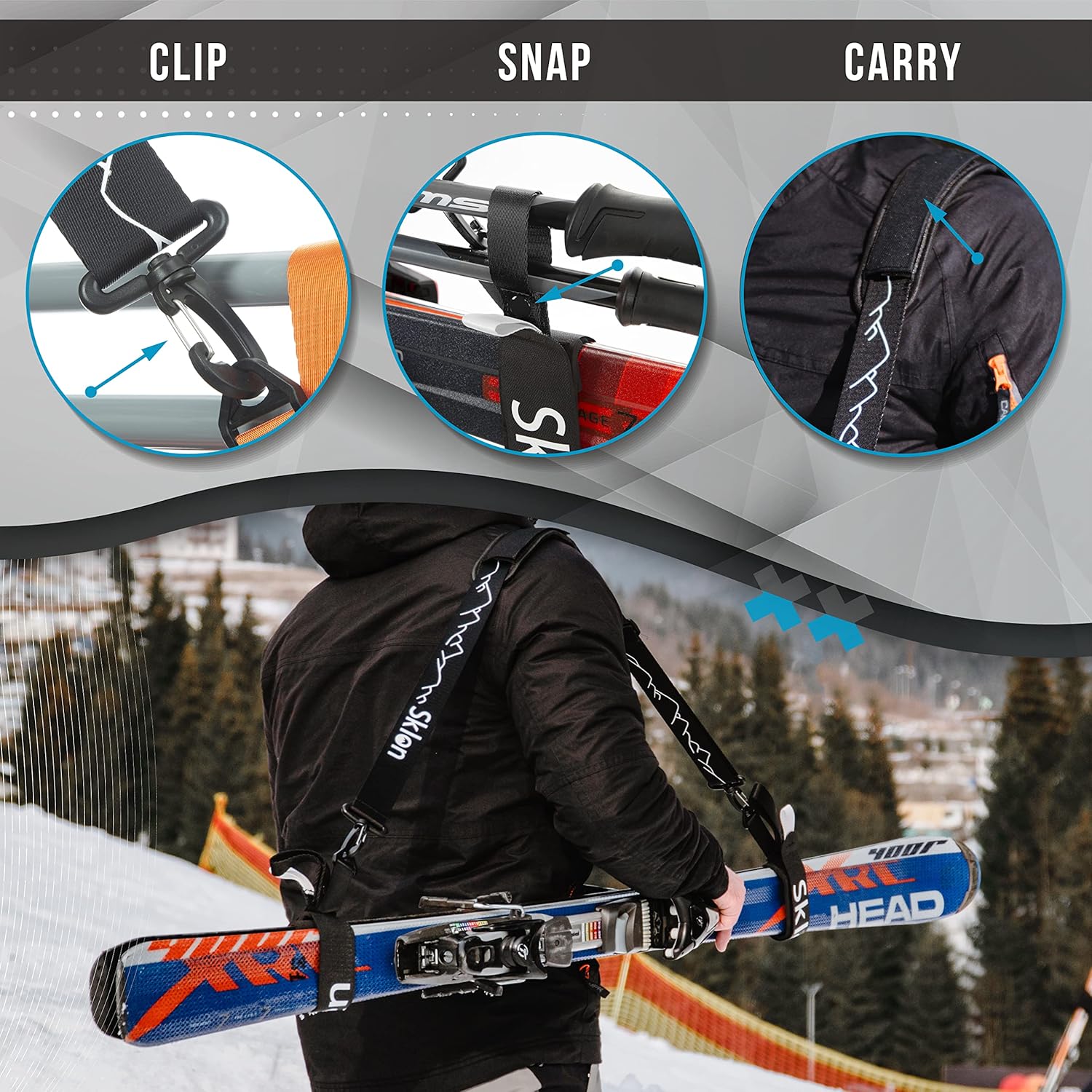 Sklon Ski Strap and Pole Carrier | Avoid the Struggle and Effortlessly Transport Your Ski Gear Everywhere You Go | Features Cushioned Shoulder Sling | Great for Families - Men, Women and Kids - Black