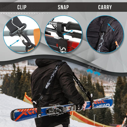 Sklon Ski Strap and Pole Carrier | Avoid the Struggle and Effortlessly Transport Your Ski Gear Everywhere You Go | Features Cushioned Shoulder Sling | Great for Families - Men, Women and Kids - Black